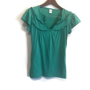 Little Yellow Button || Green Ruffle Blouse Top